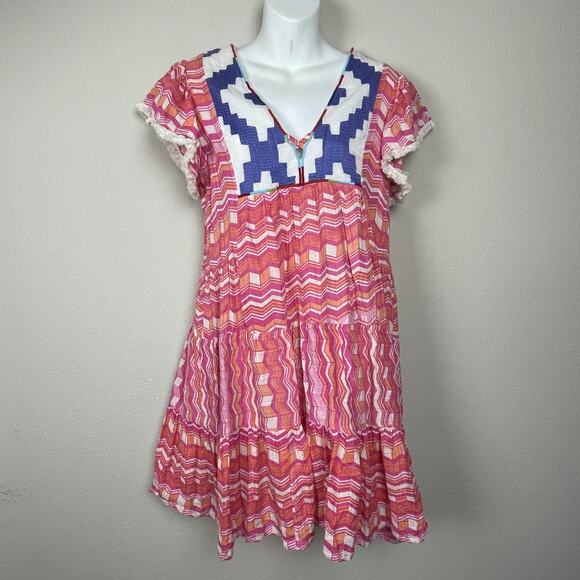 THML XS Pink Peach‎ Tribal Mini Dress Boho Fringe Tiered Cotton Metallic - Picture 1 of 8